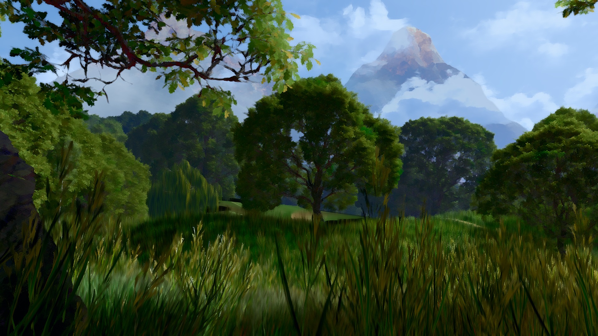 Painterly trees and mountain mist above meadow grass.